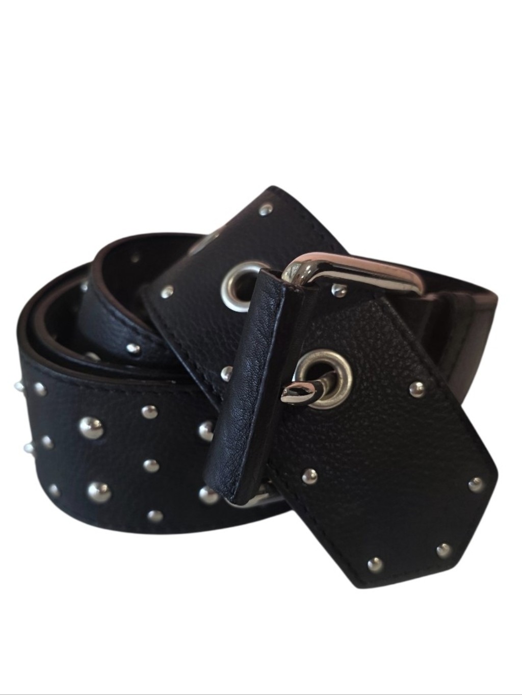 Anne Fontaine Black Studded Leather Belt With Silver Hardware Luxury Adjustable